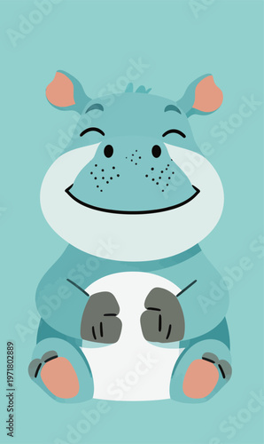 Cute cartoon hippo smiles while sitting on light blue background, showing joy and playfulness in a simple design