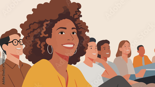 Smiling people attending an event in a large room during a gathering or seminar focused on discussion and learning