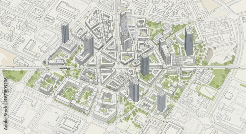 Detailed isometric architectural rendering of a modern urban development plan with skyscrapers, streets, and green spaces.