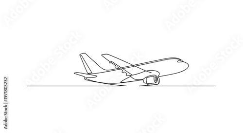 Airplane taking off, continuous line drawing, minimalist, vector illustration