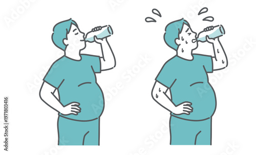 笑顔で水分補給をするぽっちゃり男性と汗だくのぽっちゃり男性の比較セットイラスト