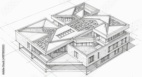 Detailed architectural sketch of a modern, multi-level building with complex angular rooflines and geometric design.