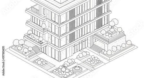 Isometric line drawing of a modern multi-story building with landscaped gardens and pathways.