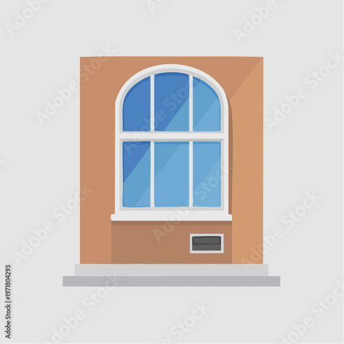 Illustration of a brown building with arched window and white frame