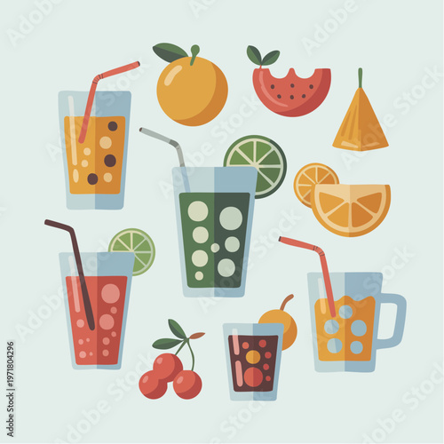 Colorful illustration of refreshing summer drinks with fruits