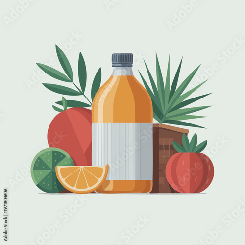 Fresh fruit juice bottle illustration with oranges, limes, and tomatoe