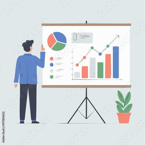 Businessman presenting data on a projector screen with graphs and char