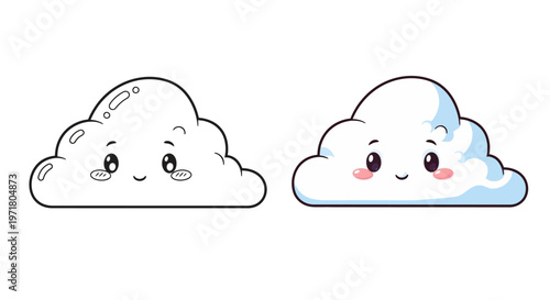 Cute Kawaii Cloud Characters: Line Art and Colorful Version