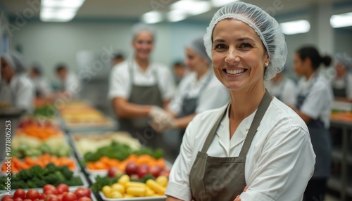 Woman works in school cafeteria serving fresh vegetables and fruit. Kitchen staff prepares healthy meal for students. Food service workers ensure nutrition program success in educational institution.