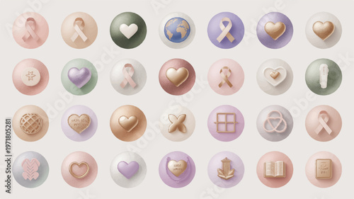 Soft pastel 3D rendered sphere icons collection with heart, ribbon, hand, and globe symbols for design, 3D render, graphic design, design elements