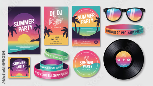Summer party graphic design kit with beach sunset flyers, posters, sunglasses, wristbands, and vinyl record, palm trees, design elements, social media