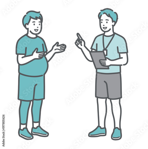 笑顔で男性トレーナーからカウンセリングを受けるぽっちゃり男性のイラスト