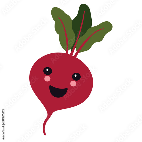 Adorable flat illustration of a smiling beetroot character, isolated on a white background. Hand-drawn doodle style vector featuring a deep red root, green leaves with red veins, rosy cheeks, and a ha