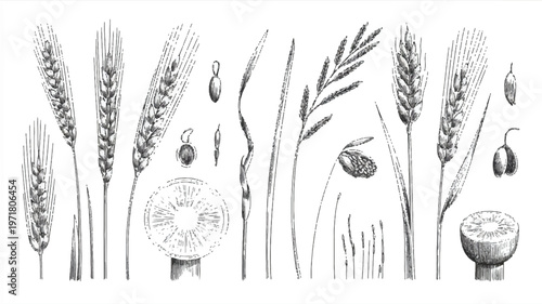 Hand drawn cereal grains and wheat ears botanical sketch vector illustration for organic farm harvest