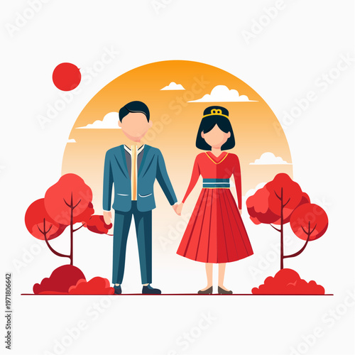 手を繋ぐ日本のカップルのベクターイラスト