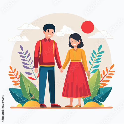 手を繋ぐ日本のカップルのベクターイラスト