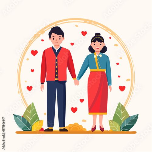 手を繋ぐ日本のカップルのベクターイラスト