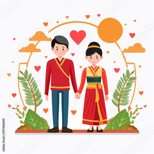 手を繋ぐ日本のカップルのベクターイラスト