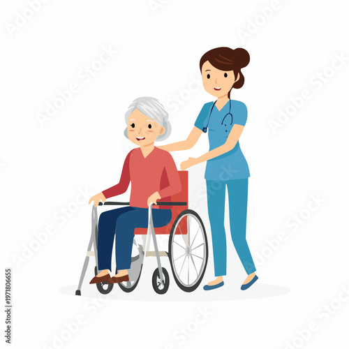 高齢者を介助する女性介護士のベクターイラスト