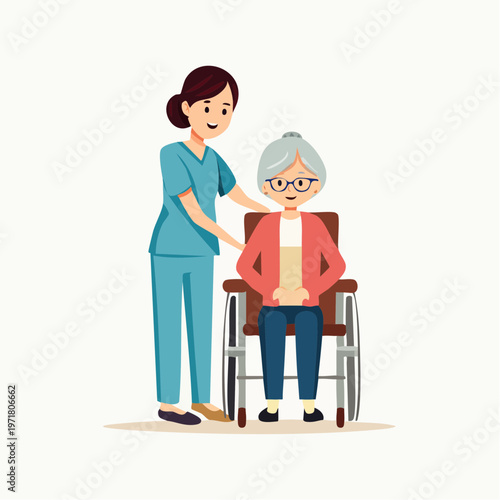 高齢者を介助する女性介護士のベクターイラスト