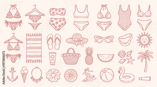 A charming hand-drawn illustration featuring a collection of summer beach and vacation essentials, including swimwear, accessories, and tropical motifs.
