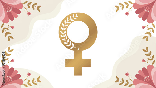 Golden female gender symbol with laurel wreath and pink floral frame for international women's day with girl power with women s rights
