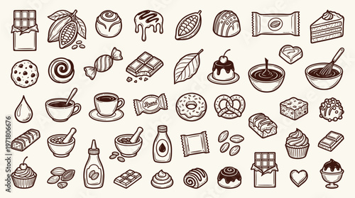A diverse collection of hand-drawn chocolate-themed illustrations, featuring various sweets, ingredients, and related items.