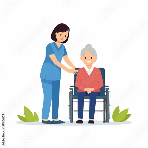 高齢者を介助する女性介護士のベクターイラスト