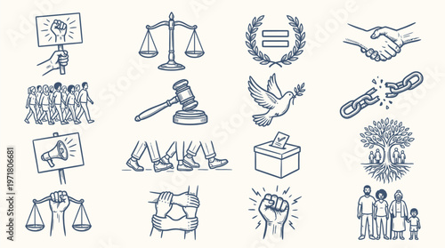 A collection of hand-drawn icons representing social justice, equality, and human rights, including protest signs, scales of justice, and diverse groups of people.