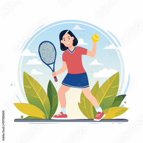 テニスをする日本の女の子のベクターイラスト