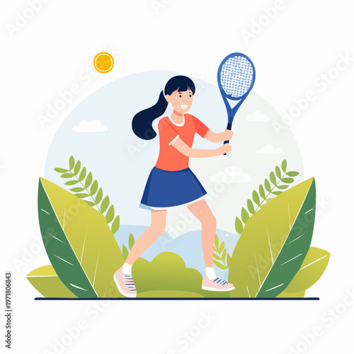 テニスをする日本の女の子のベクターイラスト