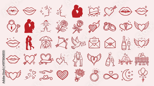 A collection of romantic and love-themed icons in red, featuring kisses, couples, hearts, rings, and other symbols of affection.