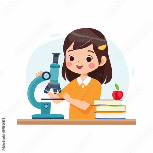 顕微鏡を使う日本の女の子のベクターイラスト
