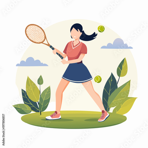 テニスをする日本の女の子のベクターイラスト