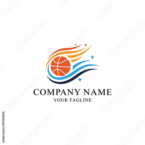 Dynamic Basketball Logo with Fiery and Watery Trails and Sparkling Accents.