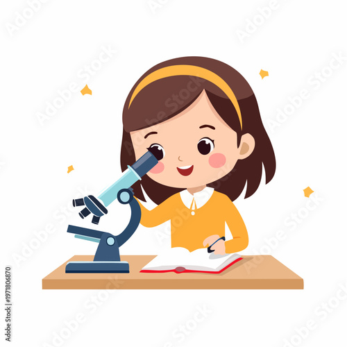 顕微鏡を使う日本の女の子のベクターイラスト