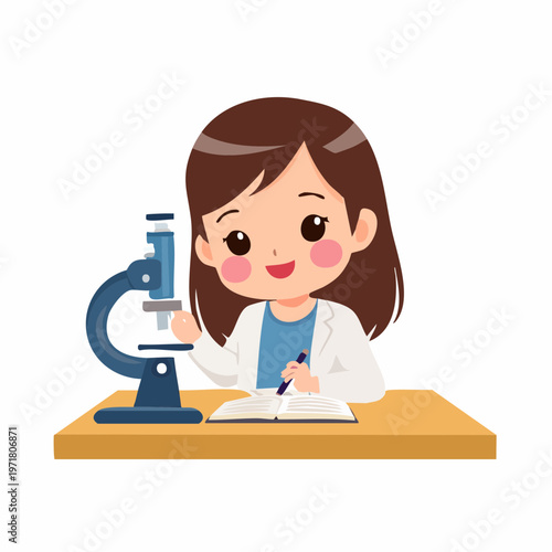 顕微鏡を使う日本の女の子のベクターイラスト