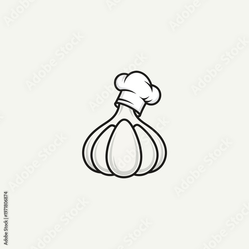 Garlic Head Chef Hat Illustration Simple Line Art.