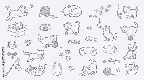 A charming collection of hand-drawn illustrations featuring playful kittens engaged in various activities, surrounded by toys and accessories.