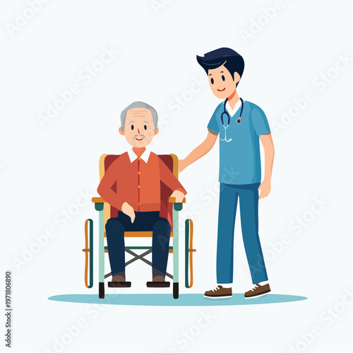 高齢者を介助する男性介護士のベクターイラスト