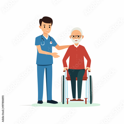 高齢者を介助する男性介護士のベクターイラスト