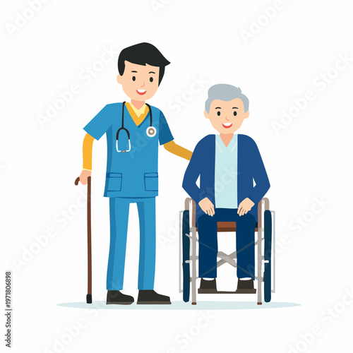 高齢者を介助する男性介護士のベクターイラスト