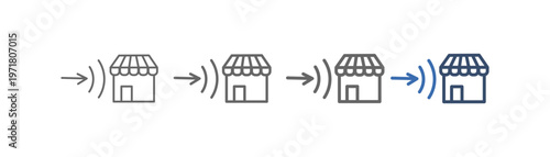 
outline icon set market entry strategy with market design and inward arrow