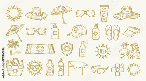 A collection of hand-drawn illustrations depicting various summer and sun protection items, including hats, sunglasses, sunscreen, and beach accessories.