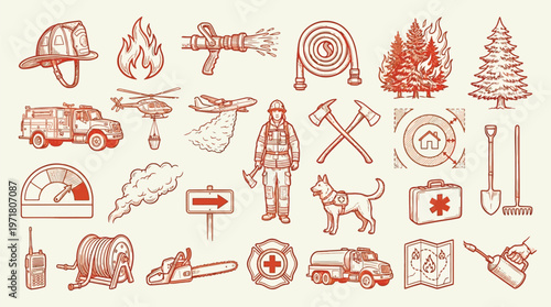 Collection of hand-drawn illustrations depicting firefighting equipment, personnel, vehicles, and natural elements related to fire prevention and suppression.