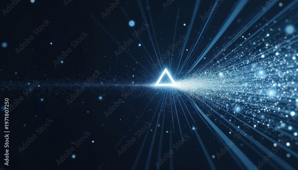 Fototapeta premium Abstract neon triangle emits bright blue light particles and rays. Digital data stream expands outward in dark space, conveying futuristic motion and energy.