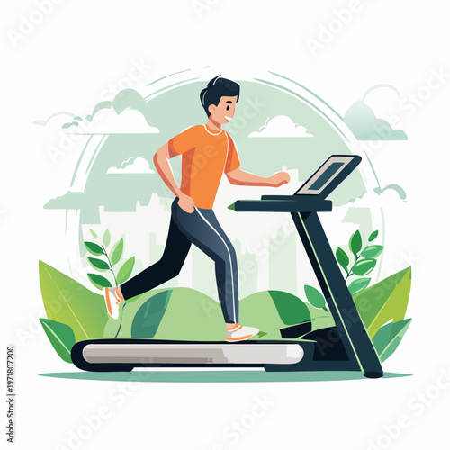 ランニングマシンで走る男性のイラスト ジム・有酸素運動