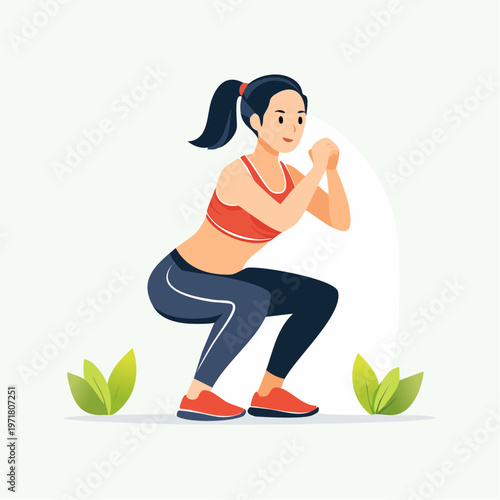 スクワットで下半身の筋トレをする女性のイラスト ダイエット・フィットネス