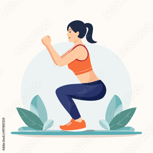 スクワットで下半身の筋トレをする女性のイラスト ダイエット・フィットネス