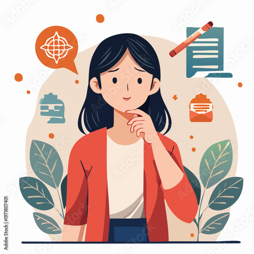 悩み事を考える女性のイラスト トラブル・不安